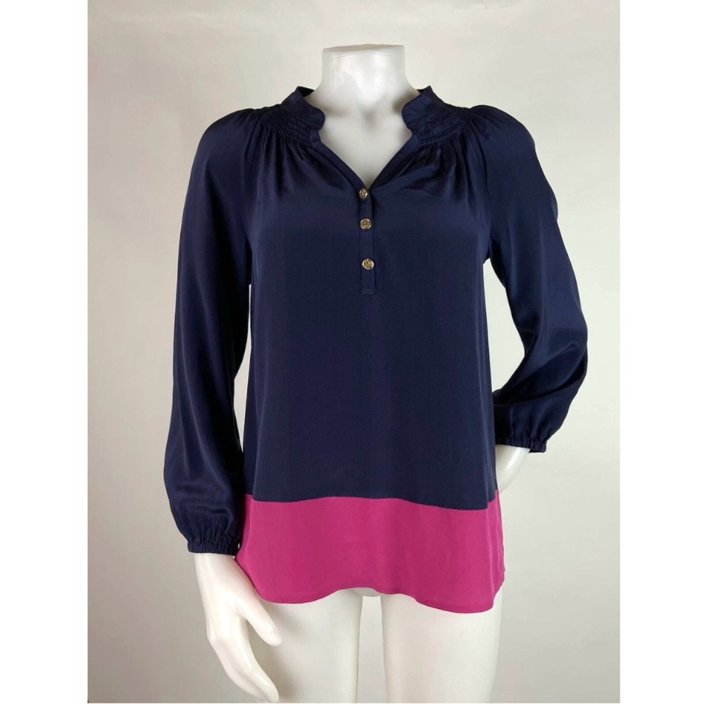 Lilly Pulitzer Women's Elsa Silk Color Block Blouse Navy And Pink  Size M